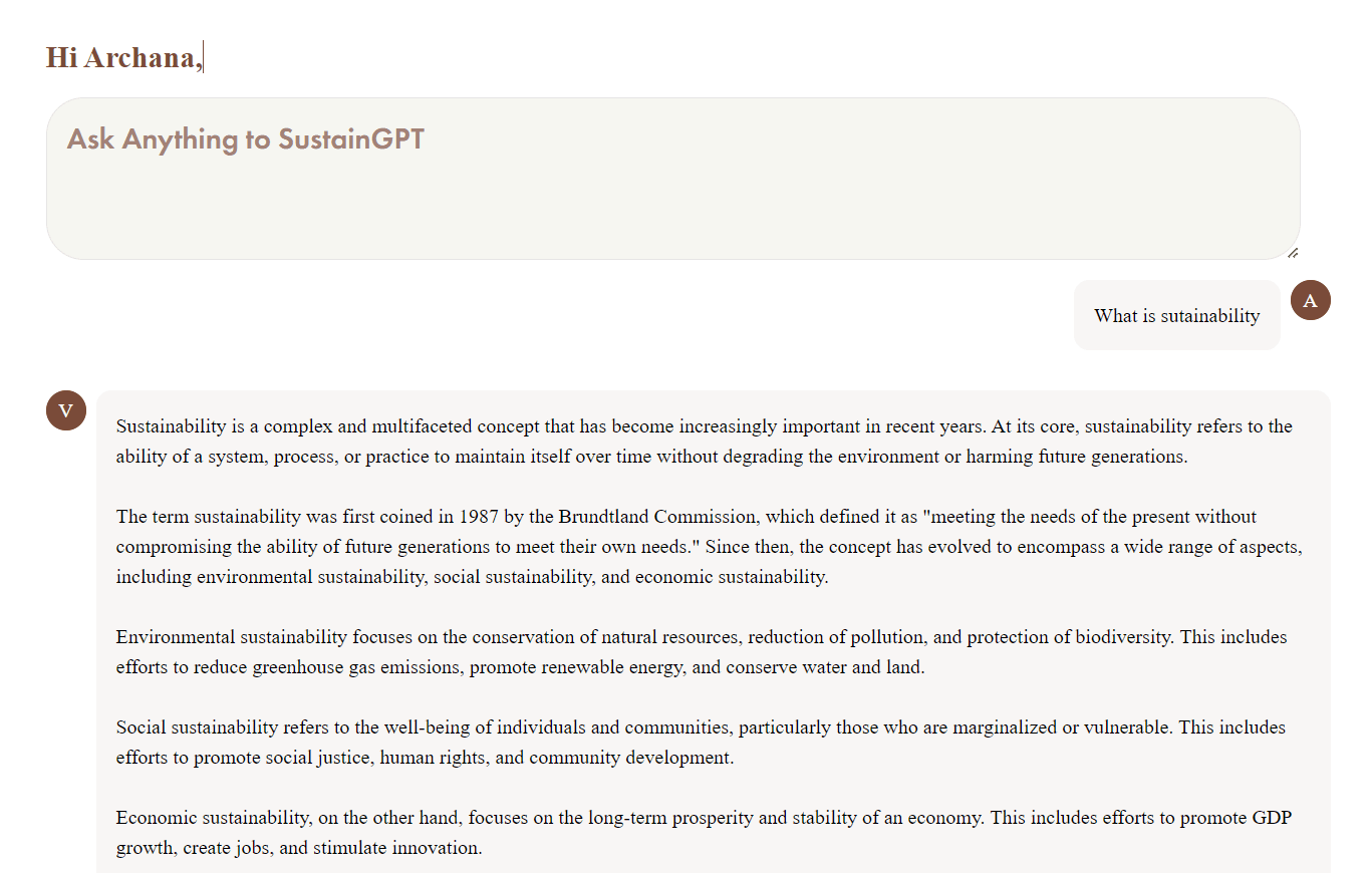 Chat interface showing sustainability conversation